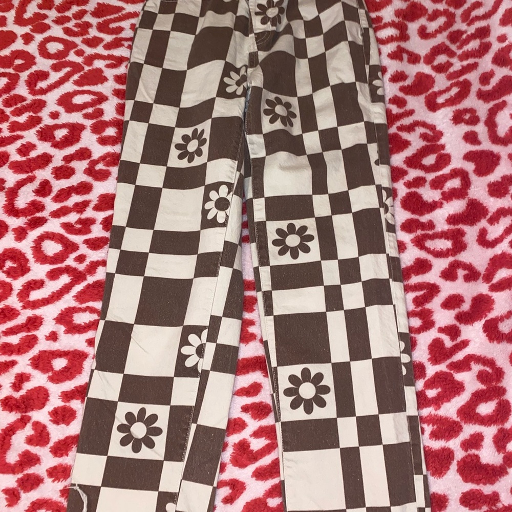 Brown and White Checkered Floral Pants